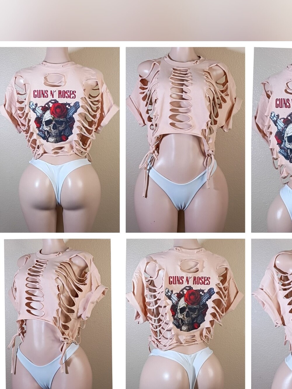 Guns N' Roses Custom.Distressed Cutout Crop Top - Blush Pink
